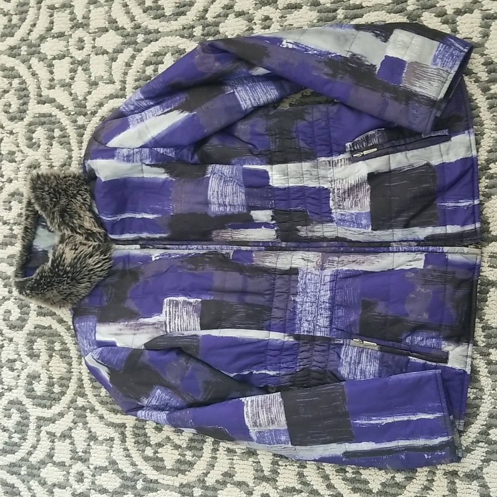 (M) Spanner Light Puffer Geometric Print Faux Fur Collar Seasonal Outdoor Cozy